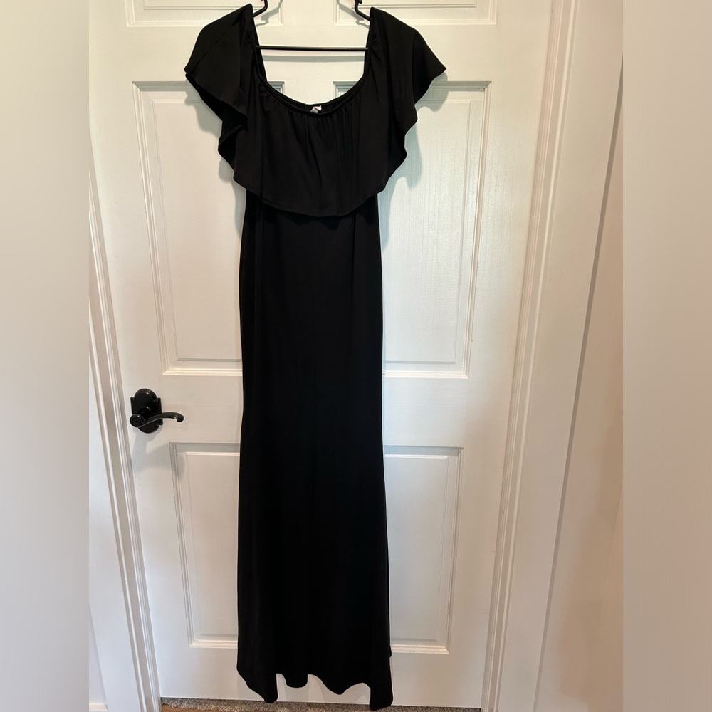 Elegant Black Ruffle Maxi Dress Pink Blush size small/medium off the shoulder - Picture 2 of 4